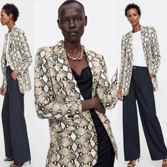 Zara Snakeskin Print Long Blazer Open Front Size S - Picture 1 of 8